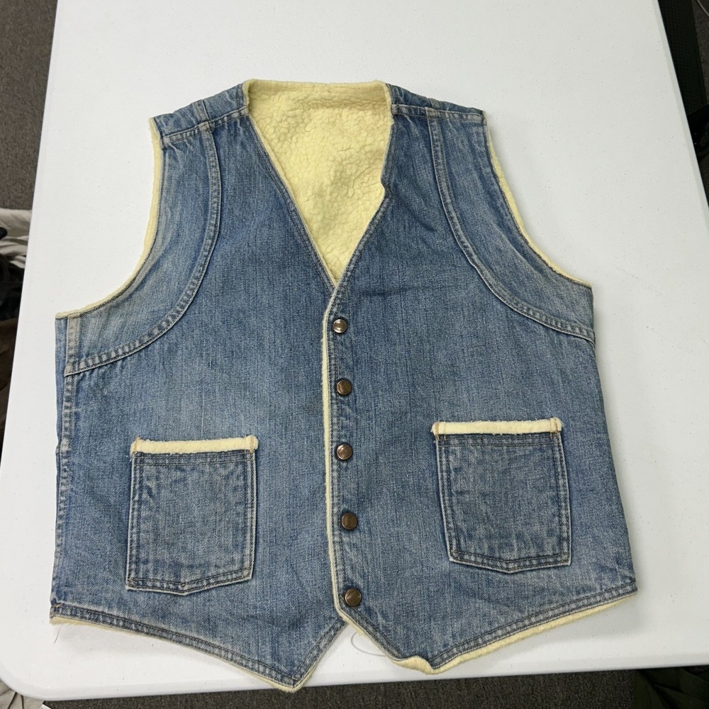 Vintage Big Smith Denim Vest Mens L Blue Sherpa Button Front Western Workwear